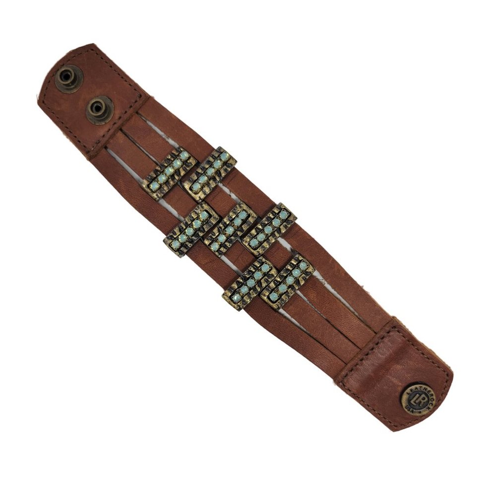 Leatherock Embellished and Distressed Brass Leather Cuff Bracelet